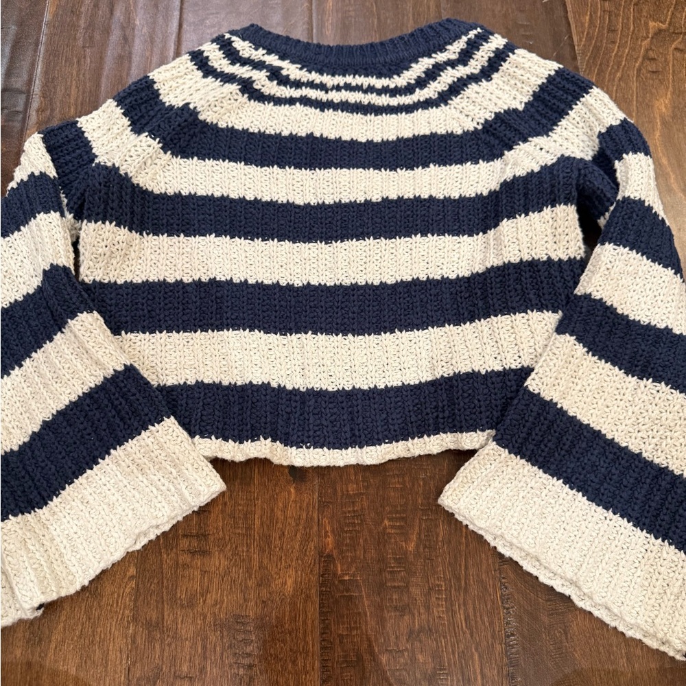 Pilcro Bell-Sleeve Henley Sweater Striped Navy Blue Cream size XXS - Picture 9 of 12